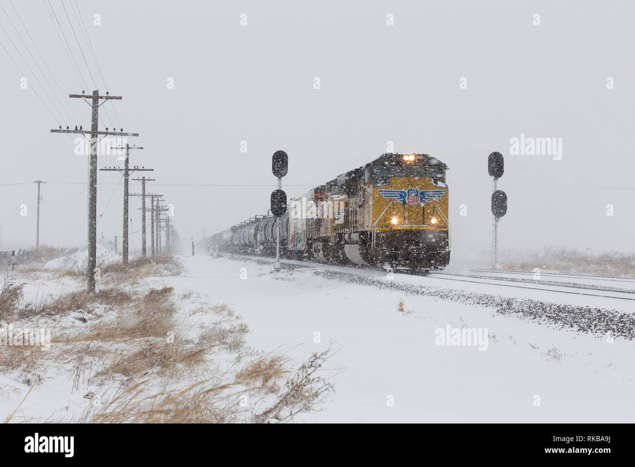 Union Pacific freight train moving west through Paxton Nebraska in a heavy snow storm Stock Photo