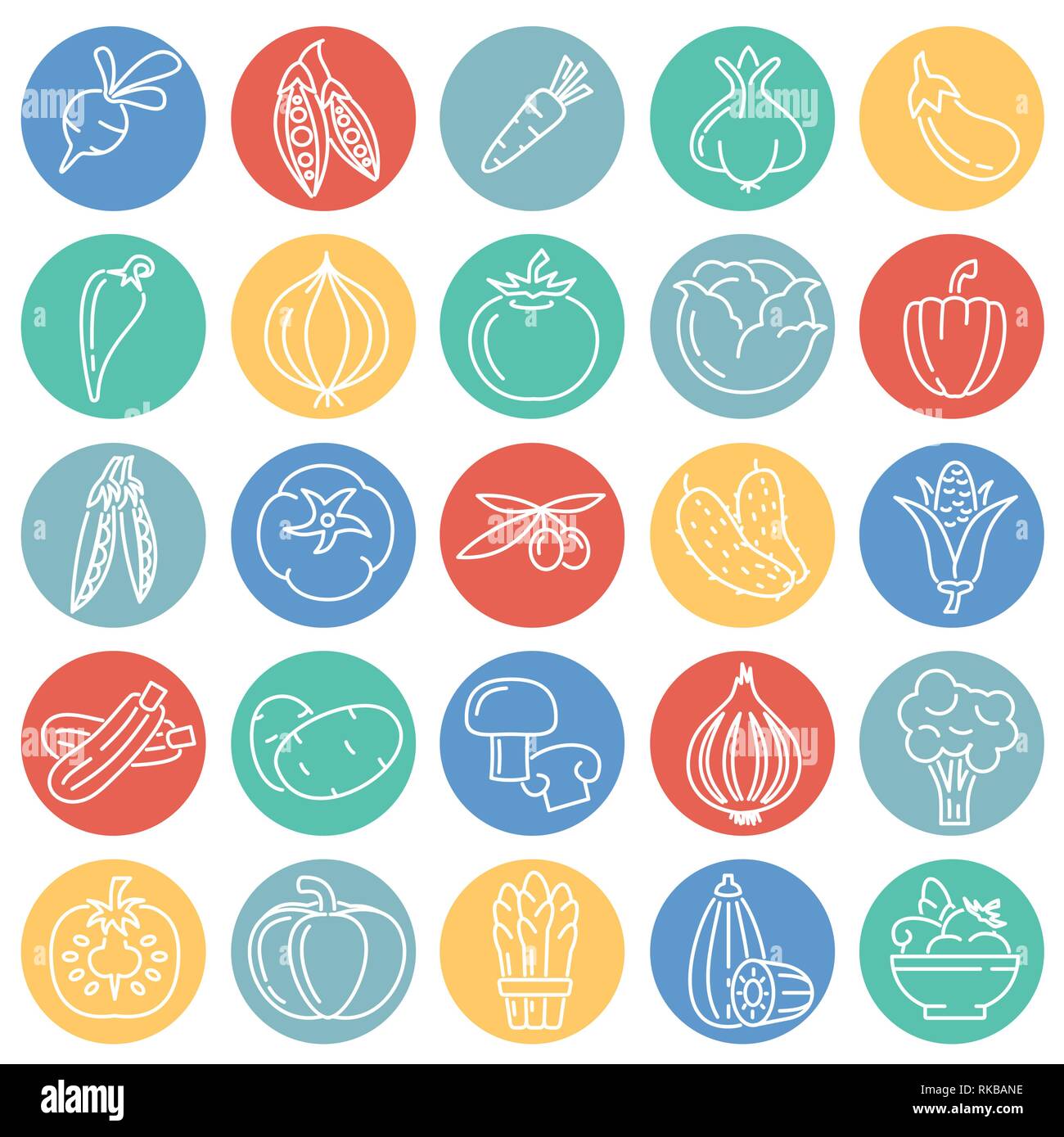 Vegetables line icons set on color circles white background for graphic ...