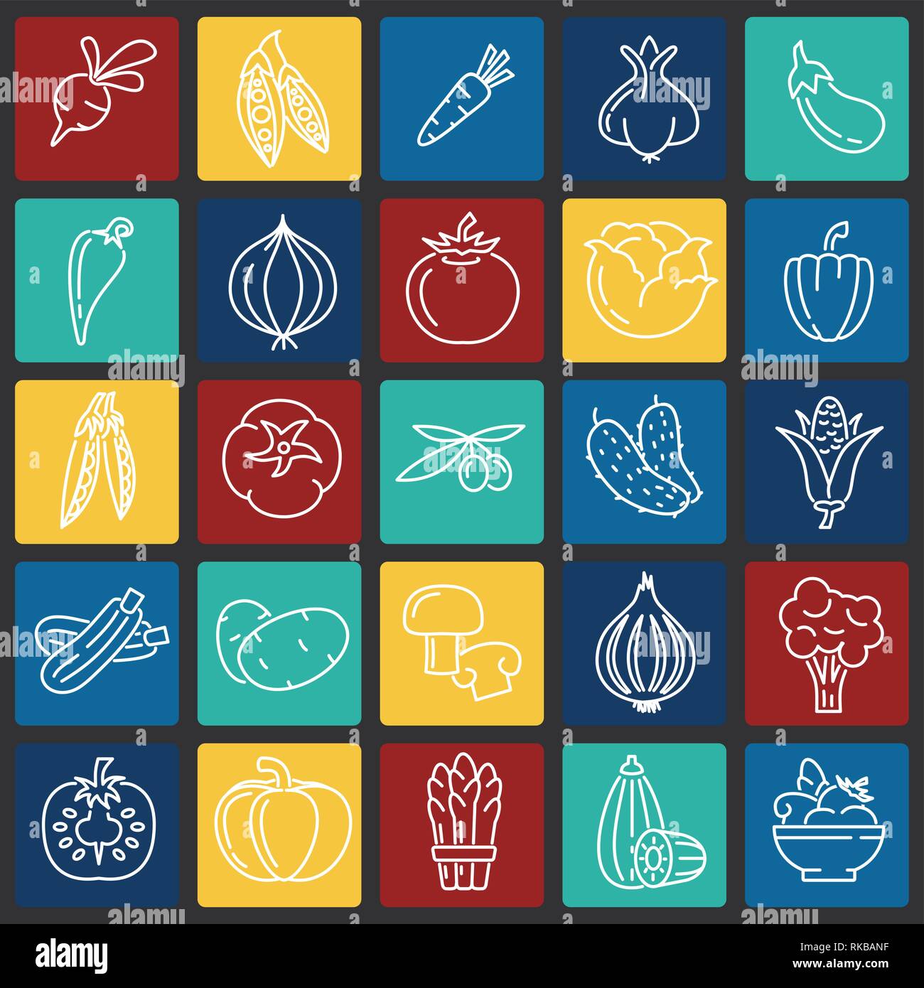 Vegetables line icons set on color squares background for graphic and ...