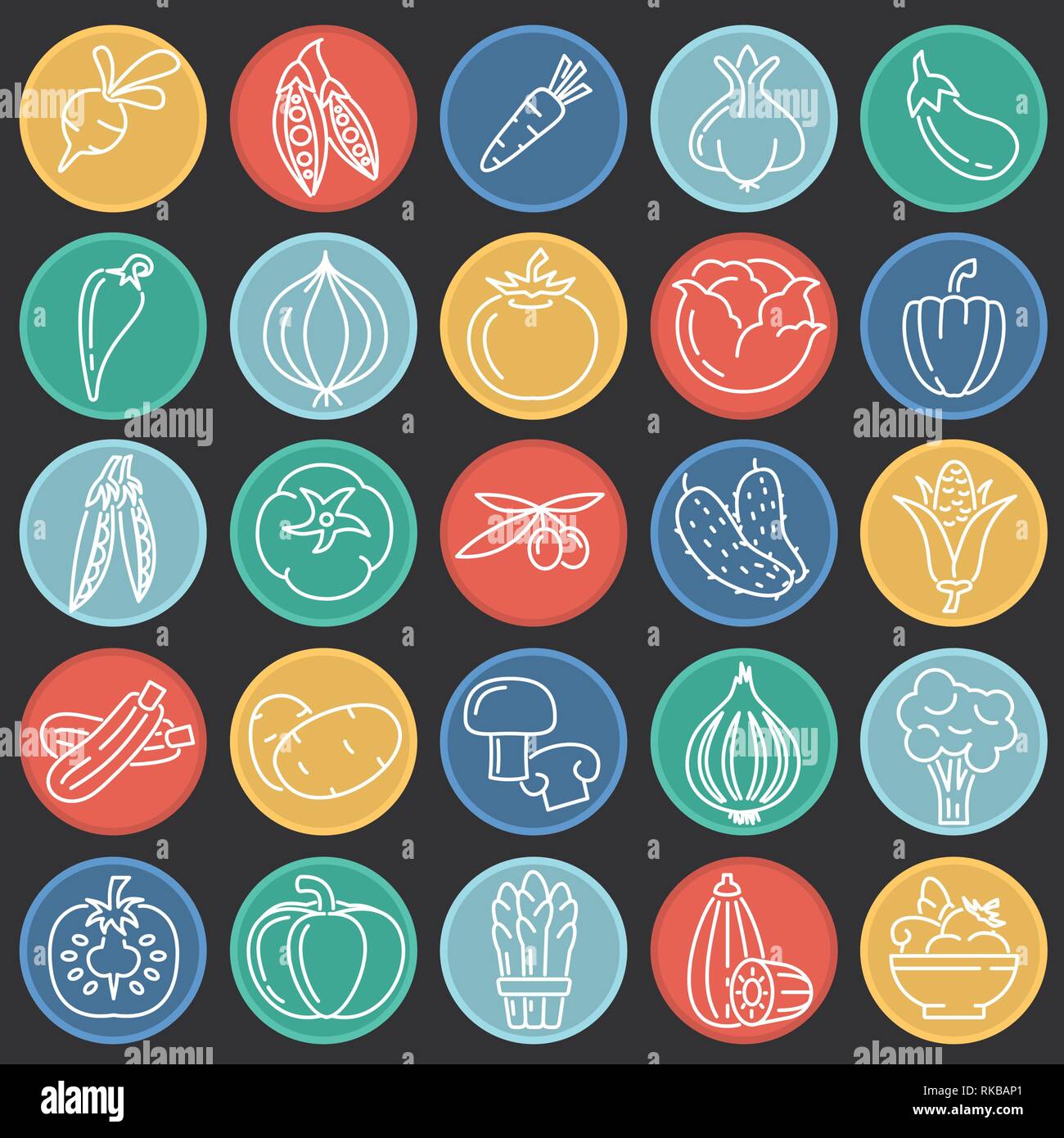 Vegetables line icons set on color circles black background for graphic ...