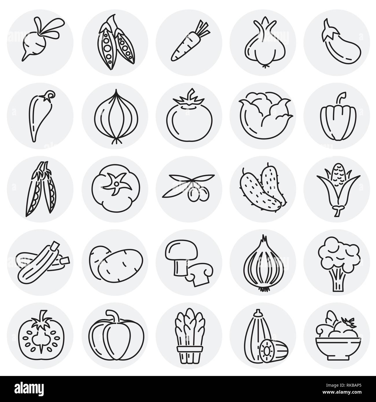 Vegetables line icons set on circles background for graphic and web ...