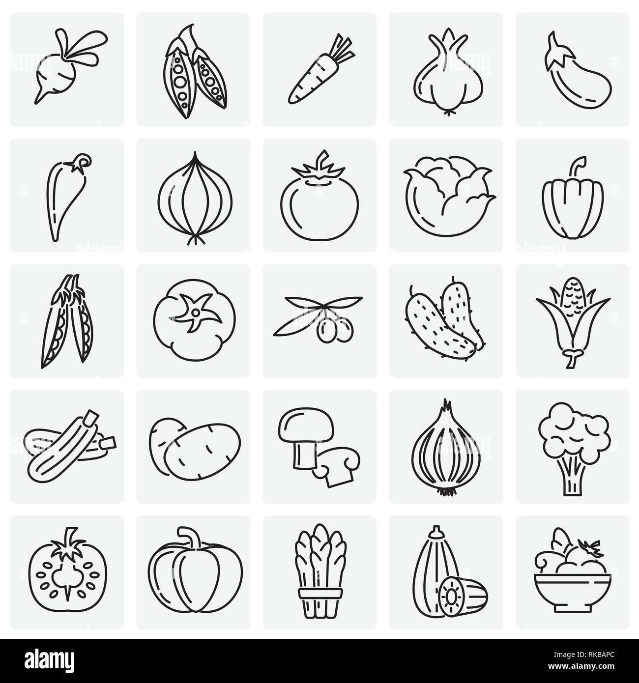 Vegetables line icons set on squares background for graphic and web ...