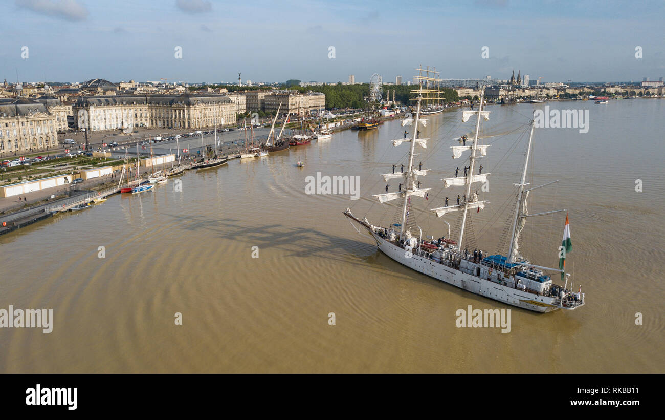 Aerial view of olds gables on departure from the port of Bordeaux, France, filmed by drone Stock Photo