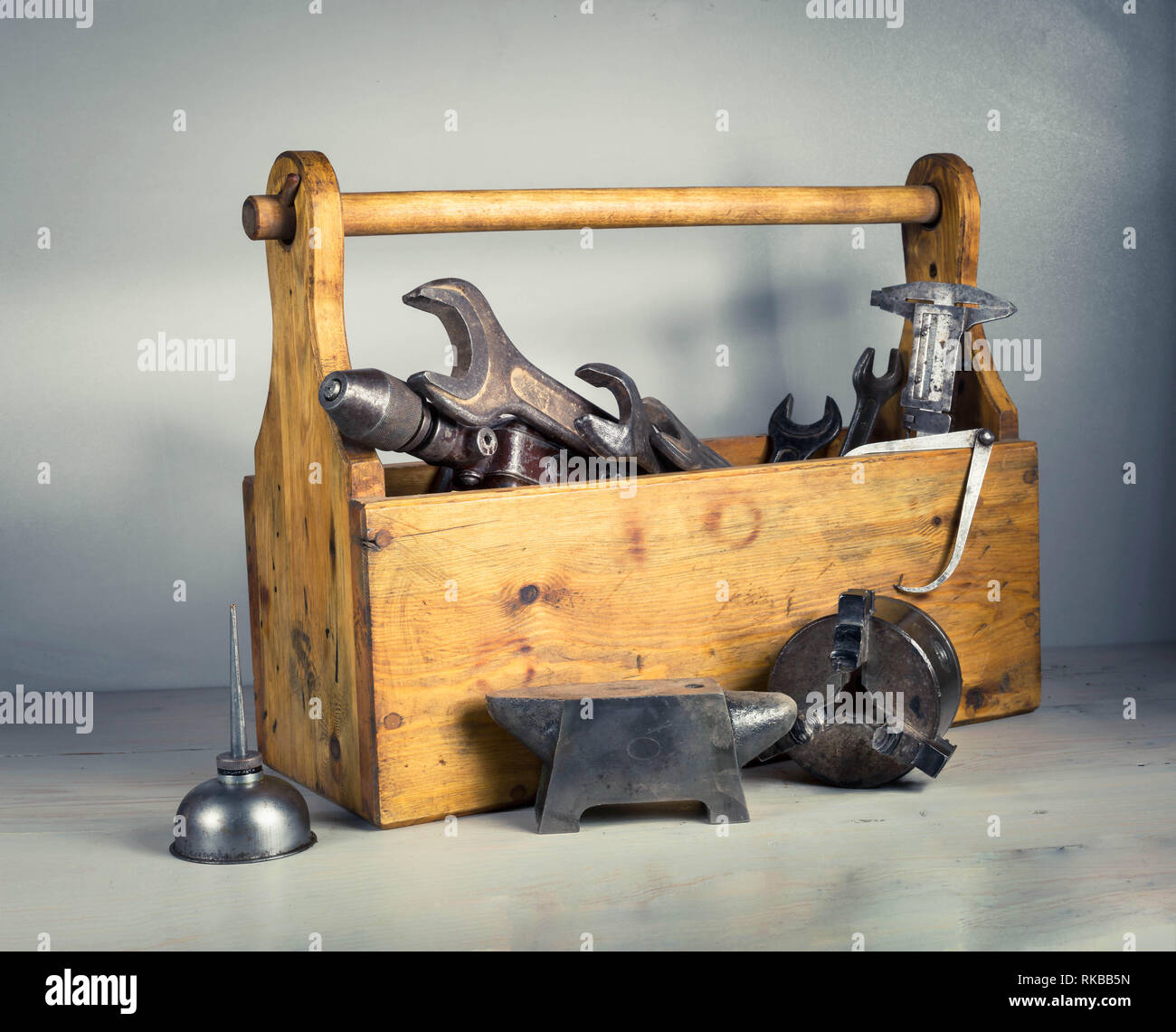 Still Life Old Wooden Tool Box Full Of Tools Stock Photo Alamy