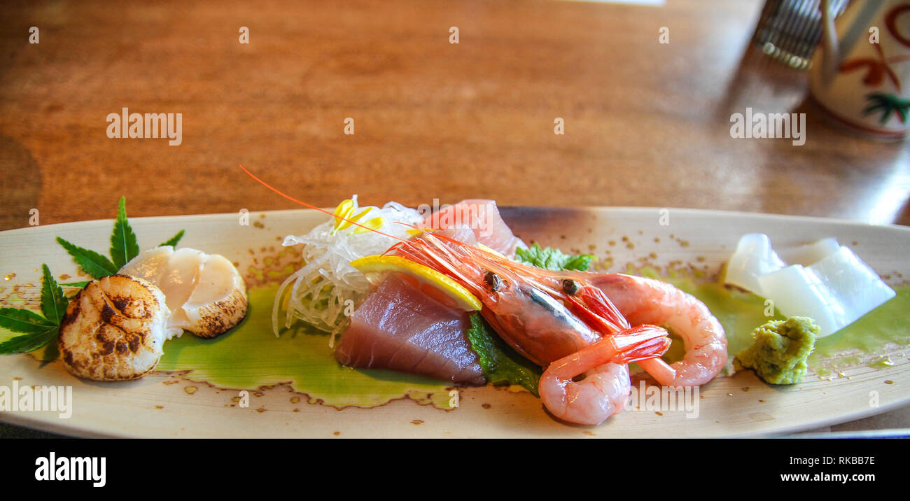 Beautifully arranged japanese seafood at Kyoto, Japan Stock Photo