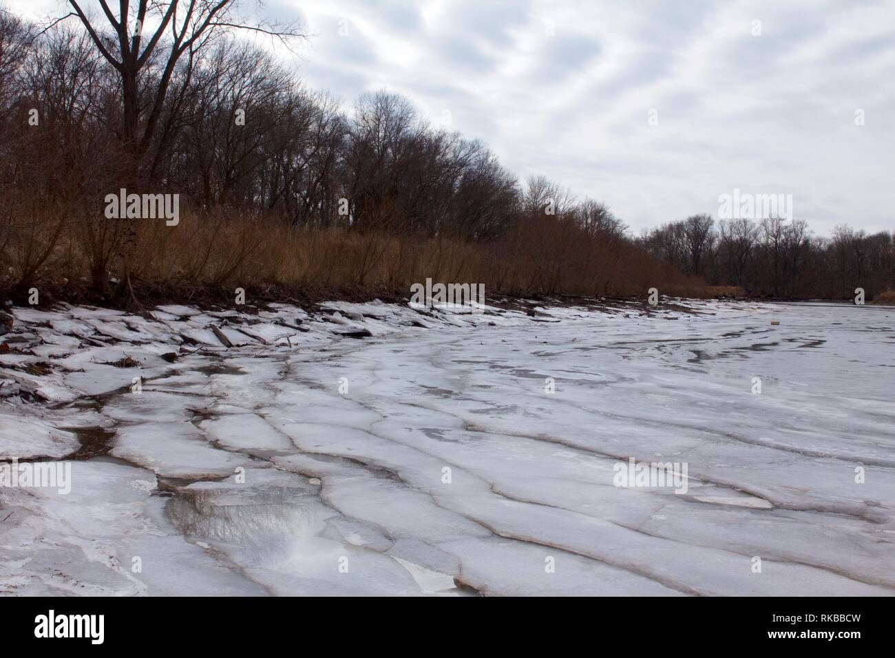 Croydon, Pennsylvania / USA - February 6, 2019: View of Jack's Marina wetland restoration at the confluence of the Delaware River and Neshaminy Creek. Stock Photo