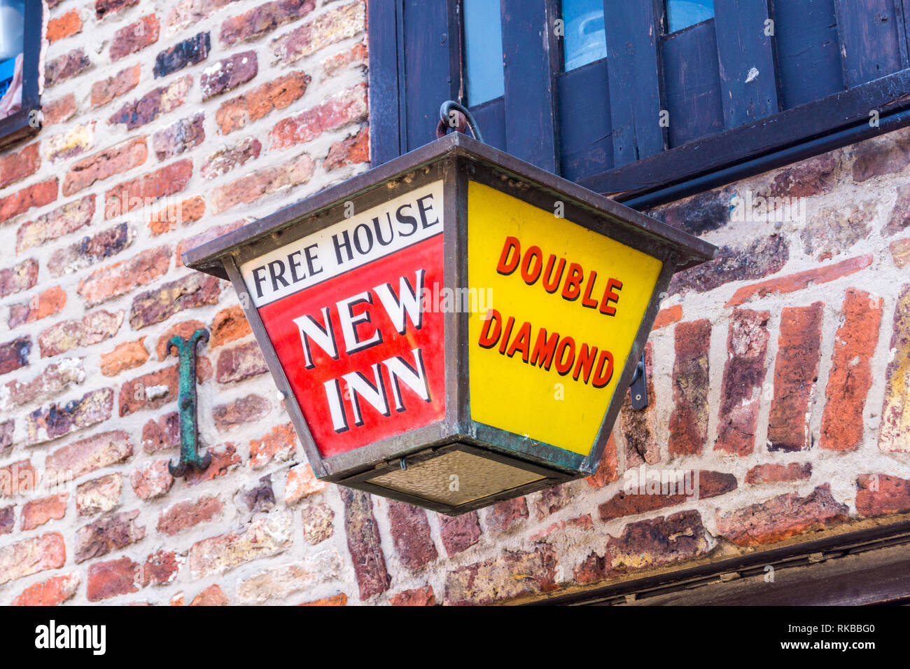 Hanging lantern sign outside Chequers micropub,Beverley, East Riding, Yorkshire, England Stock Photo