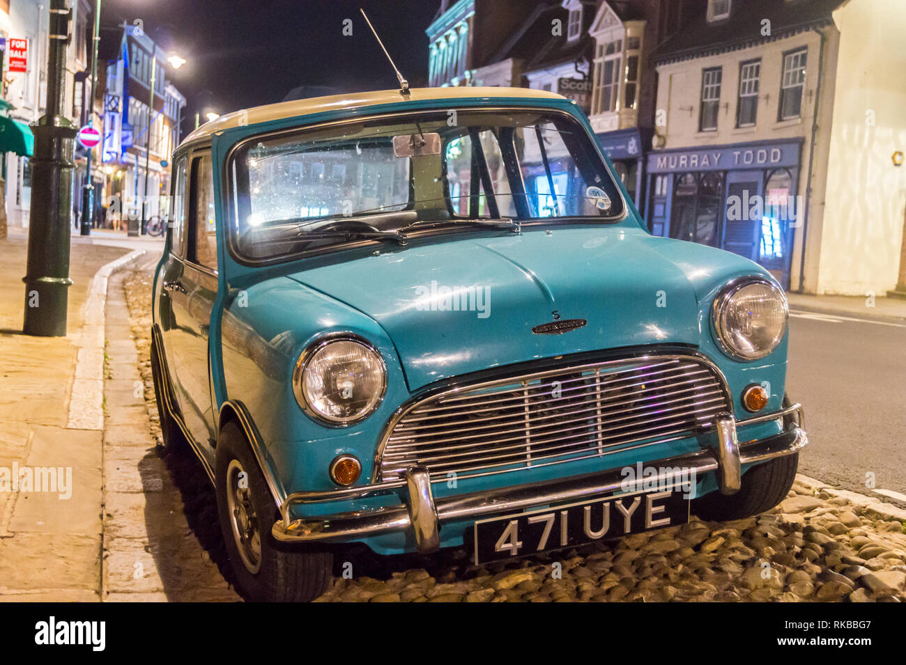 1961 Mini Cooper S classic car in turquoise, Beverley, East Riding, Yorkshire, England Stock Photo