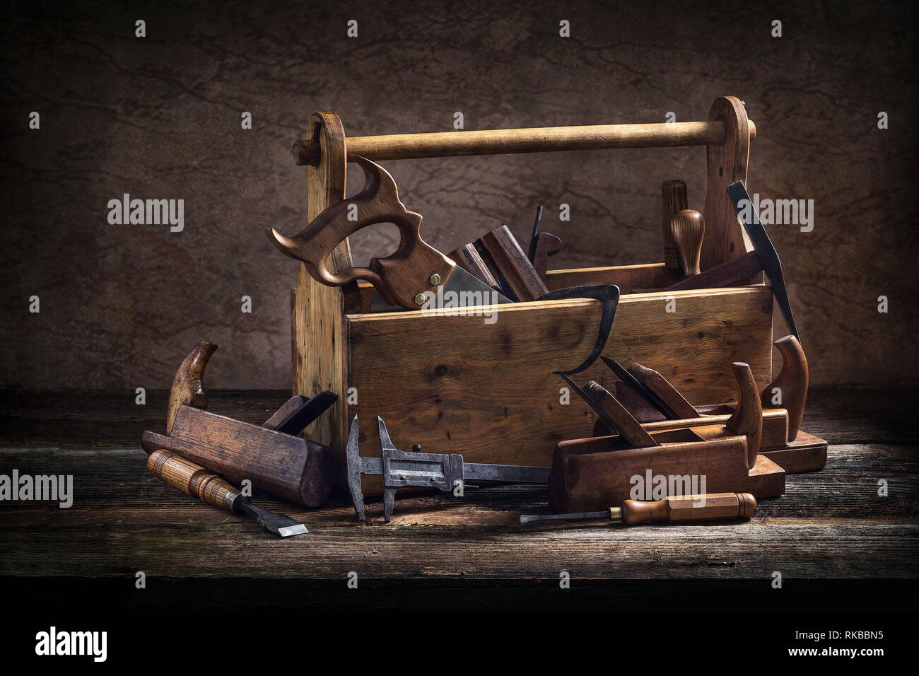 Still life Old Wooden Tool Box Full of Tools Stock Photo Alamy