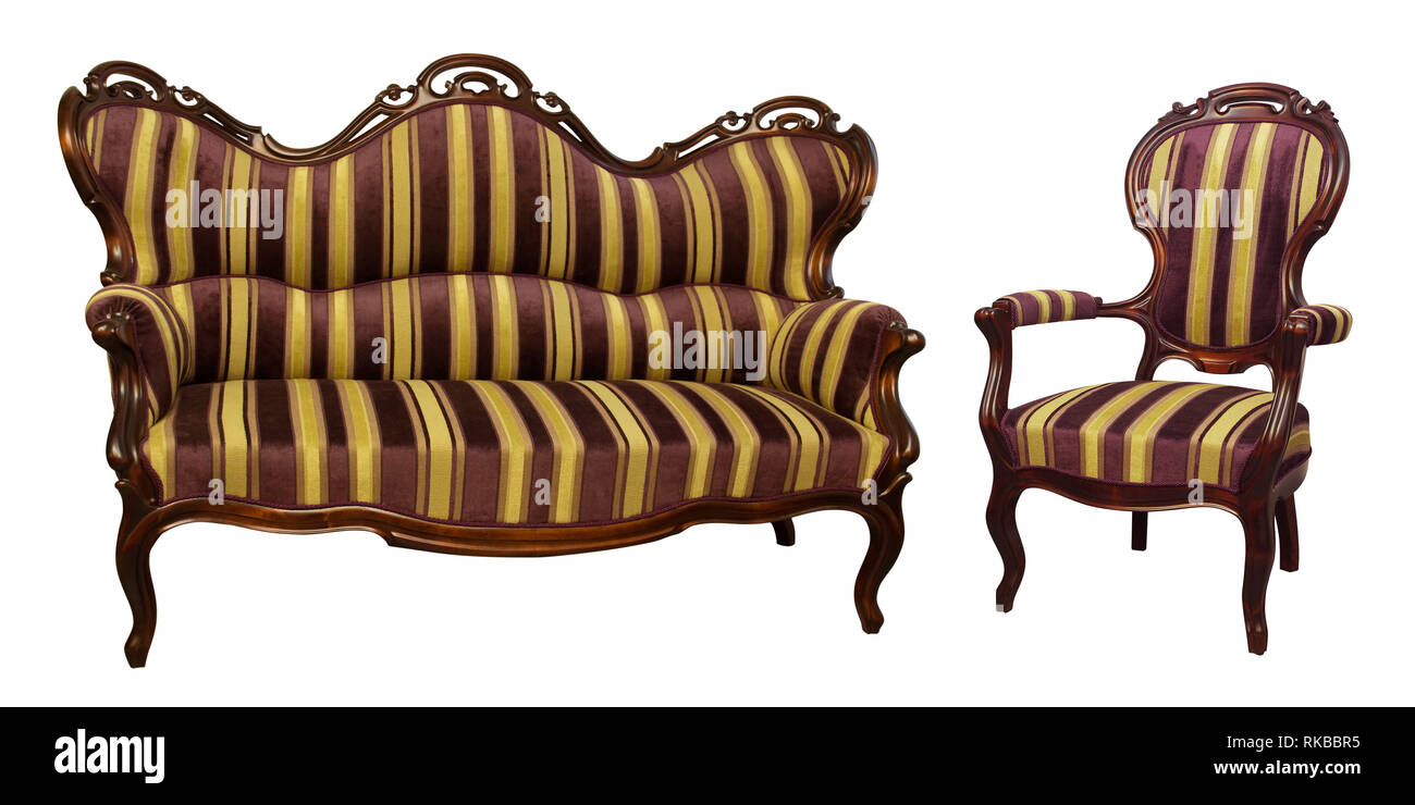Stripe baroque rokoko sofa and chair, isolated on white Stock Photo