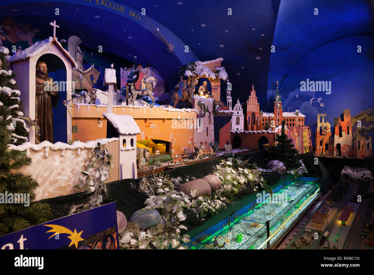 Nativity scene mobile crib at Christmas time in Capuchin Church of the Transfiguration in Warsaw, Poland Stock Photo