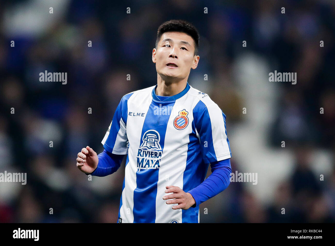 Wu Lei of RCD Espanyol frustrated after missing the crossed ball during a corner during La Liga match between RCD Espanyol and Rayo Vallecano at RCDE Stadium in Barcelona. Final Score:  rcd espanyol 2 - 1 rayo vallecano. Stock Photo