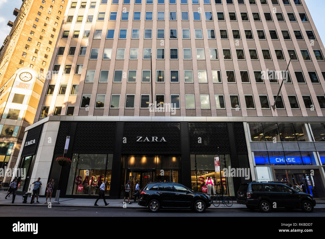 New York City, USA - July 27, 2018: Zara clothing store in Fulton Street with people around in Manhattan, New York City, USA Stock Photo
