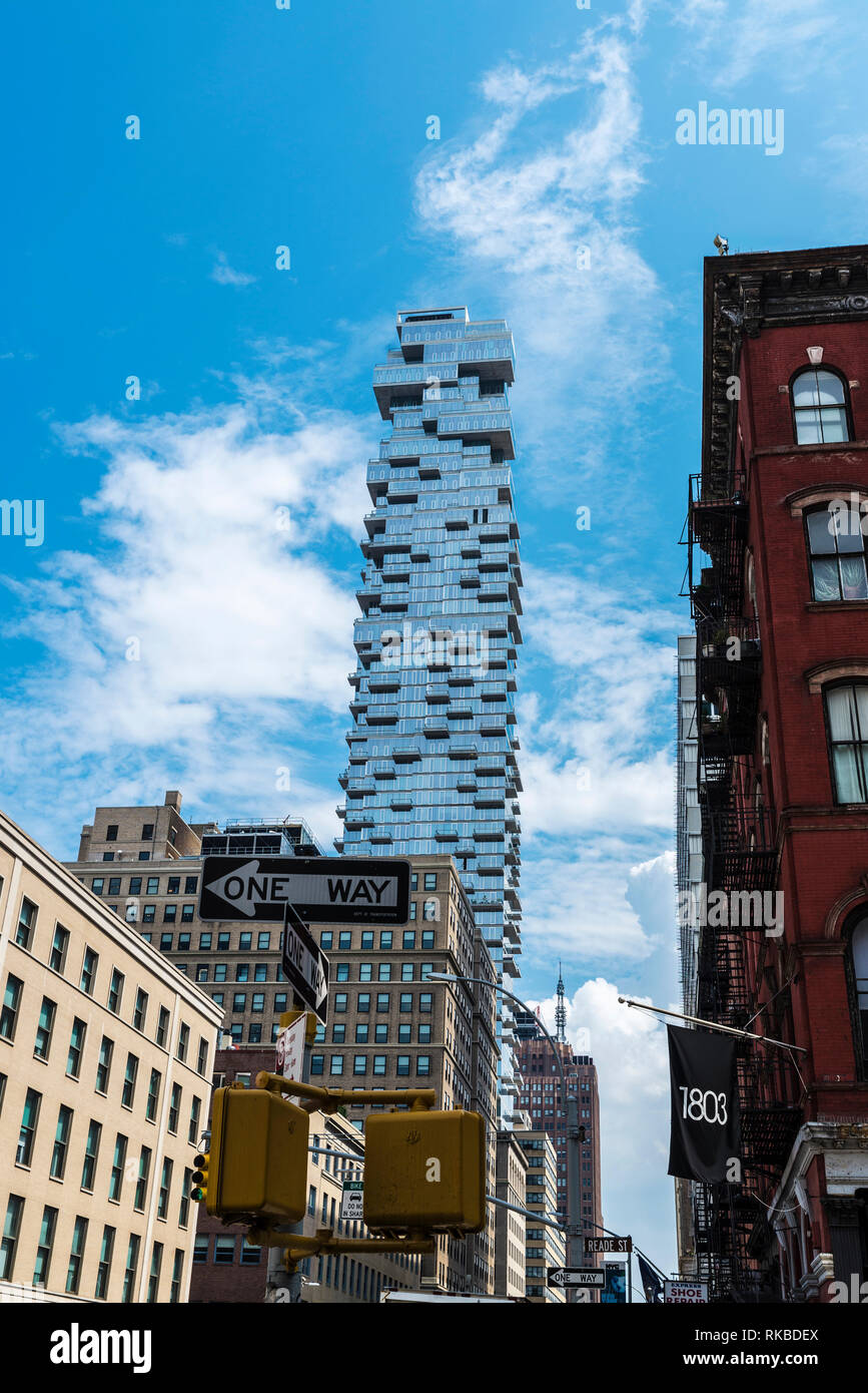 New York City, USA - July 27, 2018: Facade of a modern skyscraper in 56 Leonard Street, also known as Jenga Building, in Tribeca, Manhattan, New York  Stock Photo