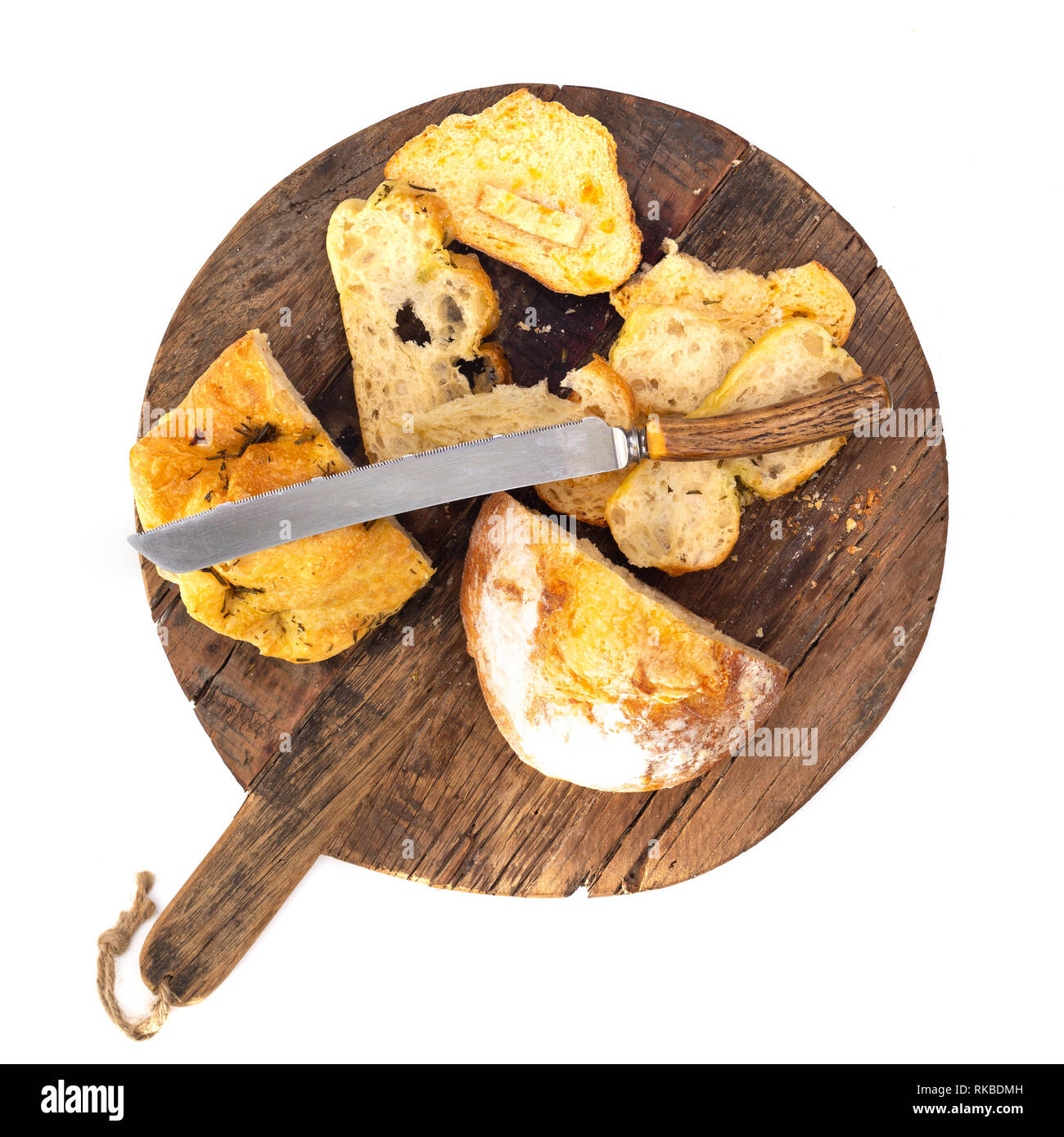 Wooden Bread Board with Knife on a white background Stock Photo
