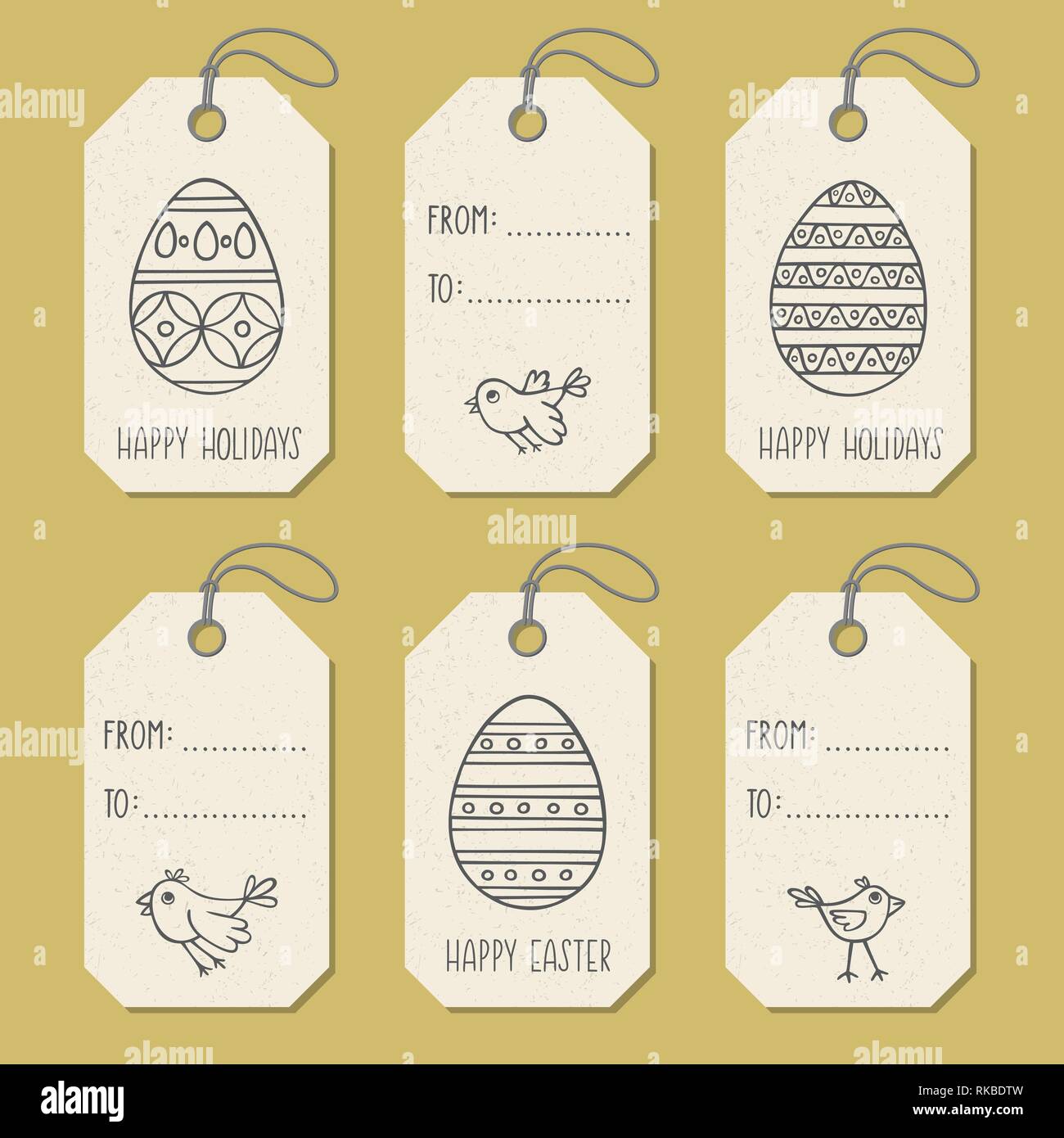 Set of tags templates with hand drawn Easter eggs. Vector design elements for holidays card or label in doodle style Stock Vector