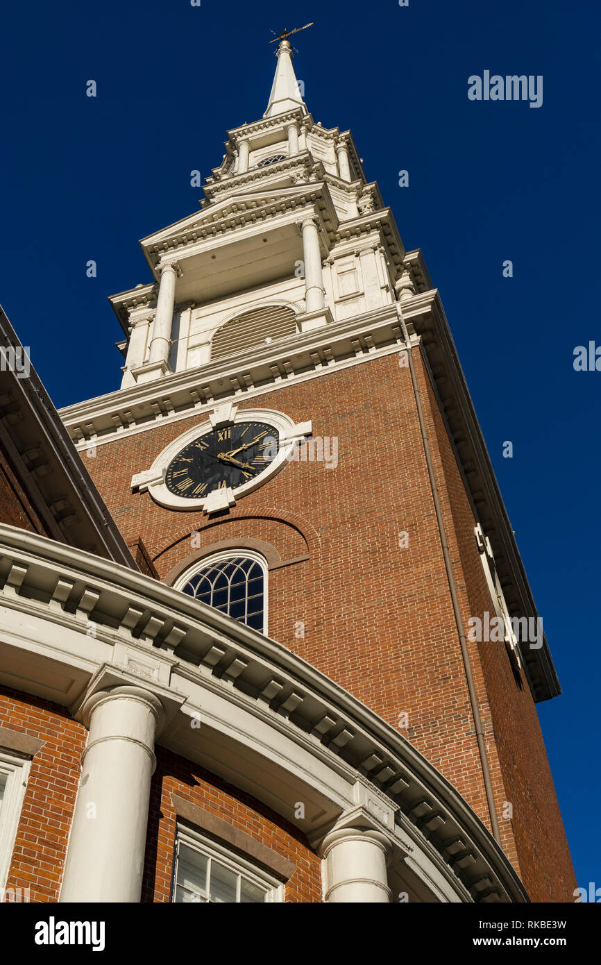 View of the church and clock towner from the road. Stock Photo