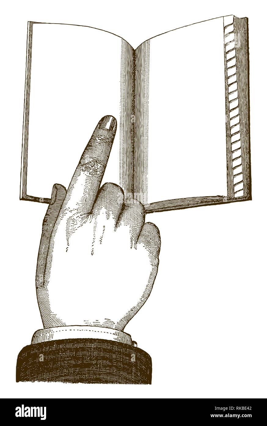 Historic illustration of a hand with an index finger pointing at an open notebook (after an engraving or etching from the 19th century) Stock Vector