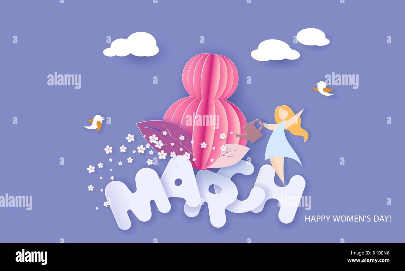 Happy 8 March womens day card with woman caring about flower shaped as big eight air balloon on blue sky background. Vector illustration Stock Vector