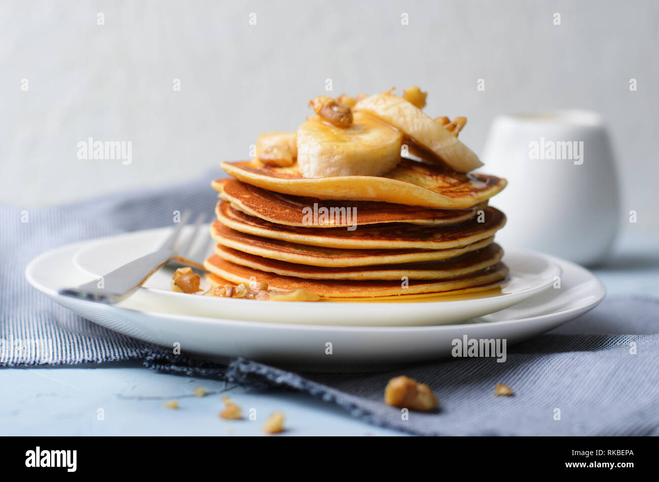 Stack of Homemade Pancakes with Banana, Nuts and Honey, Gluten Free Oat