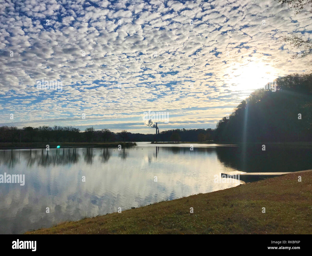 View of Oak Ridge Marina bay with fluffy clouds and fall colors in Oak Ridge, Tennessee. Stock Photo