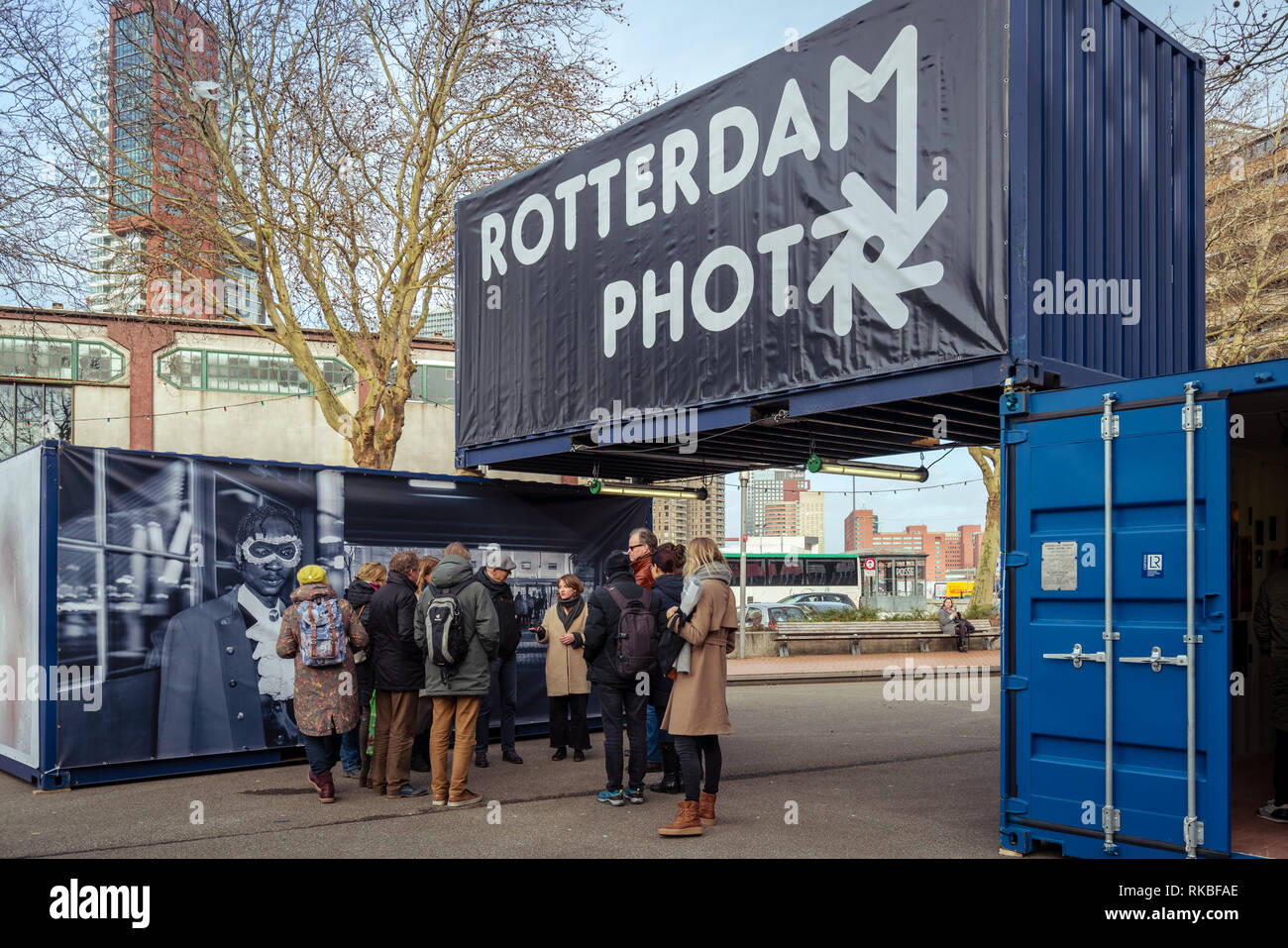 Rotterdam, Netherlands - February 9, 2019: Photo exhibition held in sea containers on Deliplein in Katendrecht during Art Rotterdam Week Stock Photo