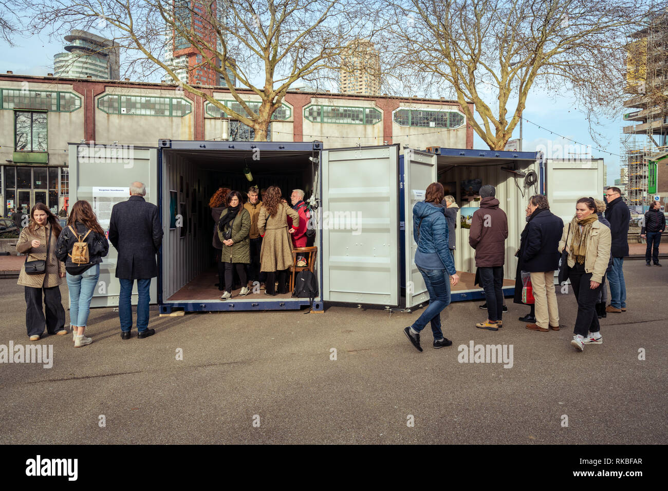 Rotterdam, Netherlands - February 9, 2019: Photo exhibition held in sea containers on Deliplein in Katendrecht. During Art Rotterdam Week Stock Photo