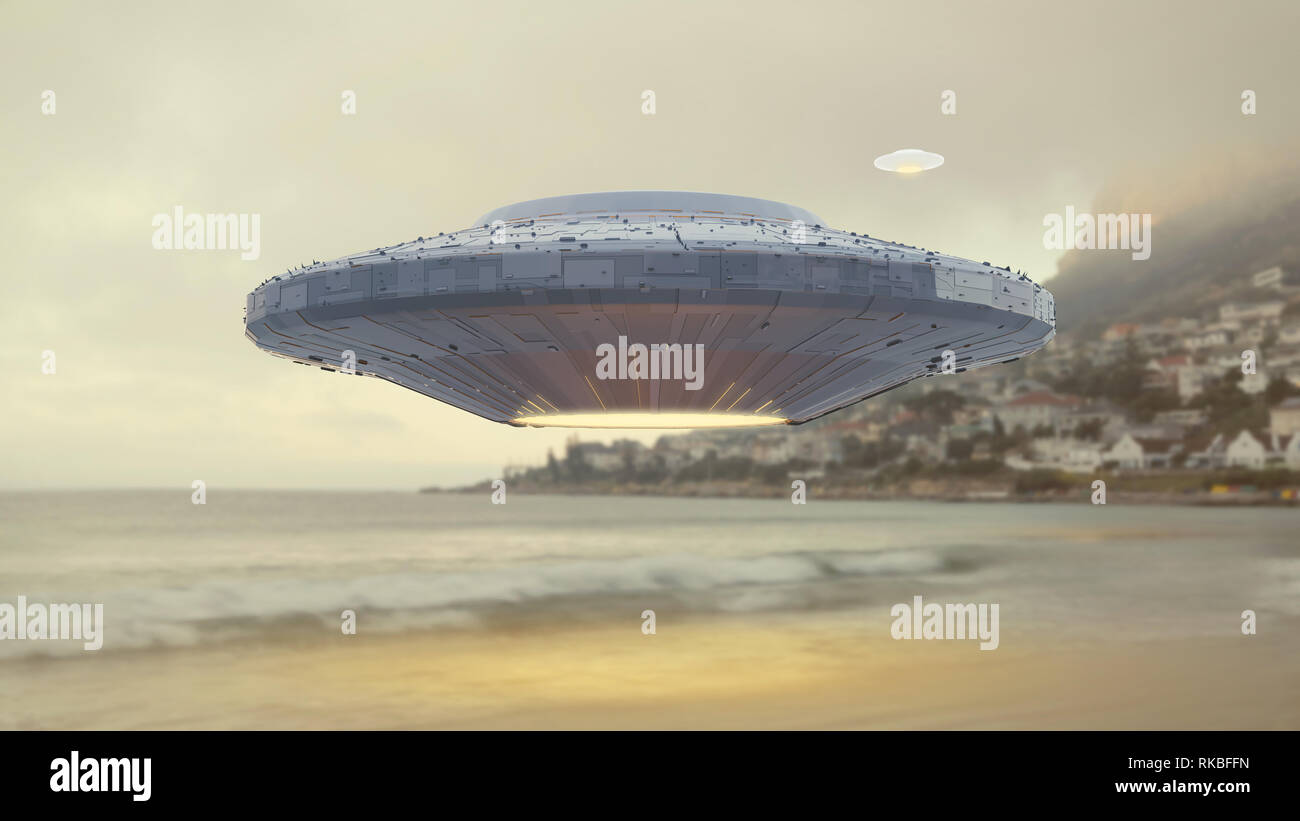 UFO, science fiction scene with alien spaceship, extraterrestrial visitors in flying saucer over the ocean (3d space rendering) Stock Photo