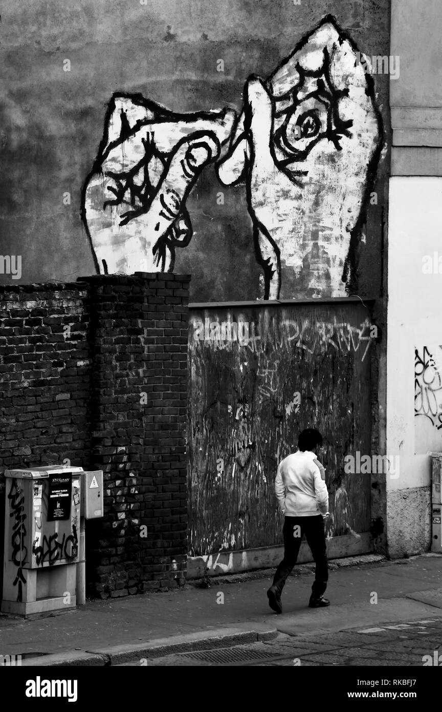 Italy. Milan Street art. Big hands on wall Stock Photo