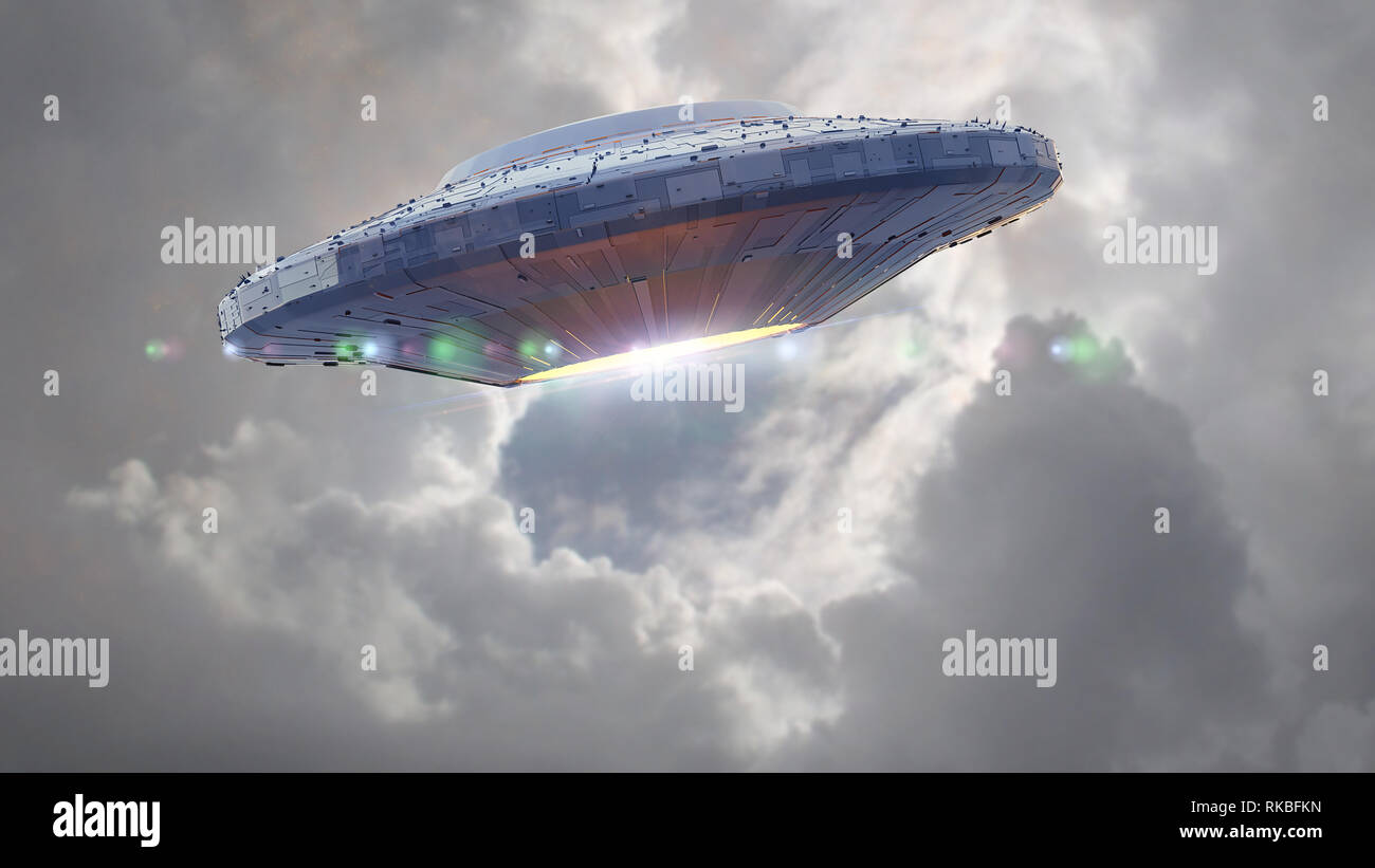 UFO, science fiction scene with alien spaceship in the sky, extraterrestrial visitors in flying saucer (3d space rendering) Stock Photo