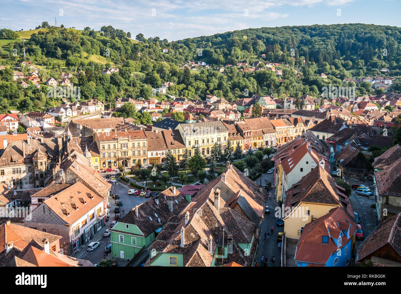 View of medieval rooftops of old town center Sighisoara Romania. Stock Photo