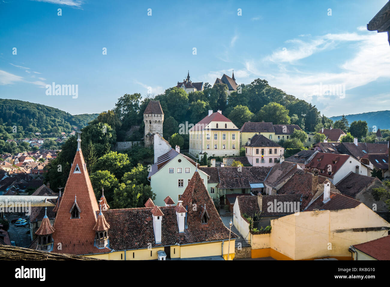 View of medieval old town center Sighisoara Romania. Stock Photo