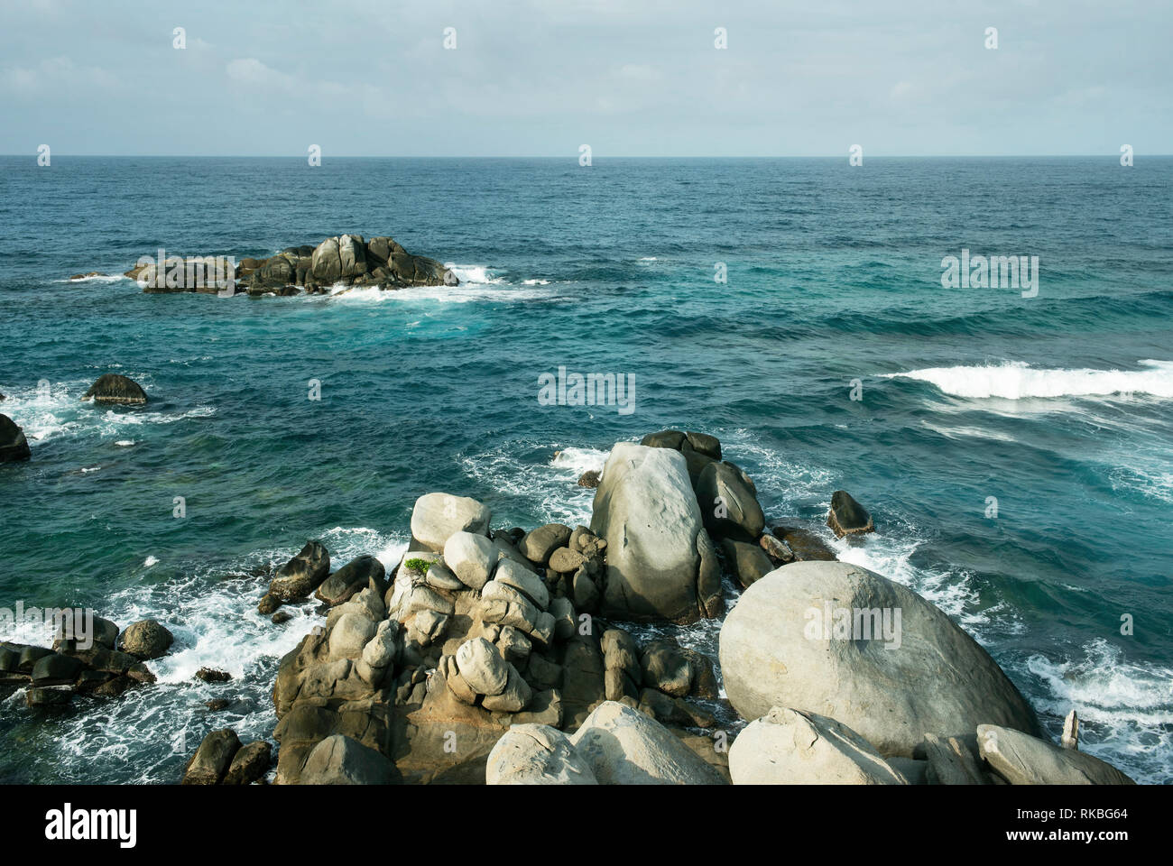 Rocks and turquoise water. Coastal views of Tayrona Park, Colombia. Sep 2018 Stock Photo