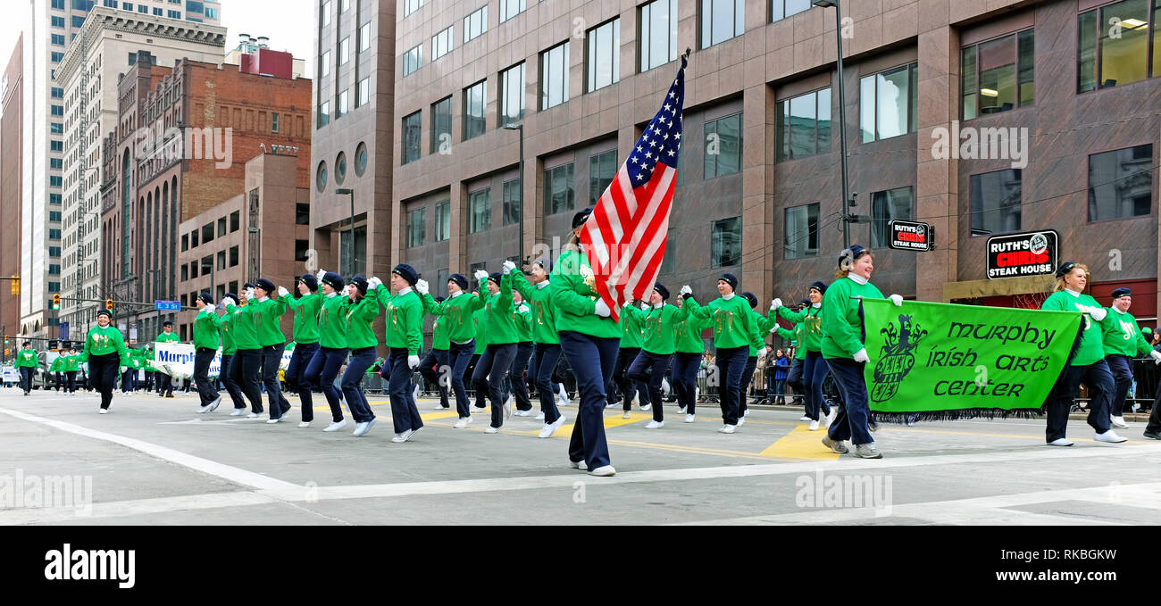 Murphy Irish Arts Center performers dance on Superior Avenue as part of the St. Patrick's Day parade in downtown Cleveland, Ohio, USA. Stock Photo
