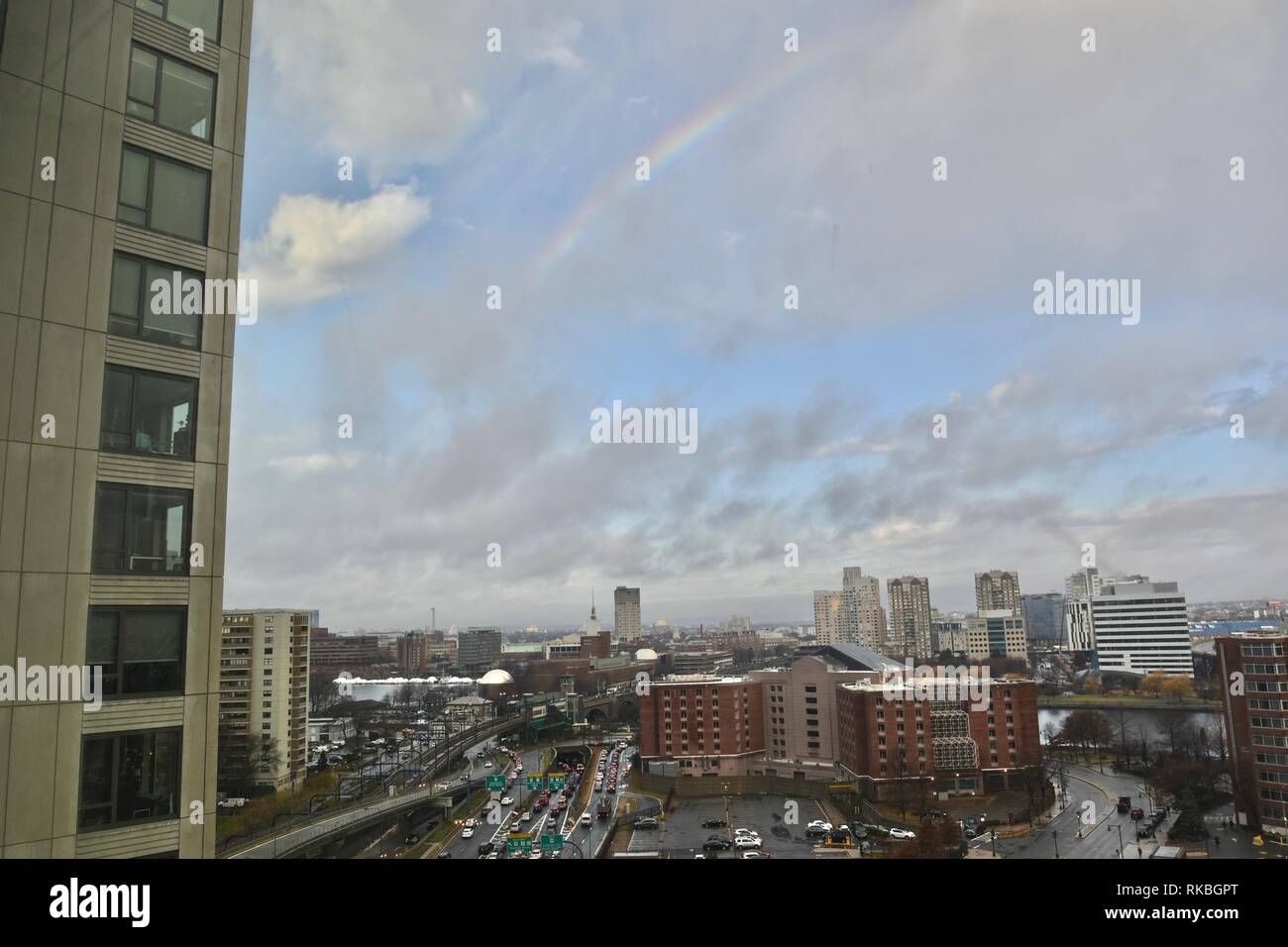 View of the Boston skyline seen from the Avalon North Station roof deck 400 feet above the city streets, Boston, Massachusetts, USA Stock Photo