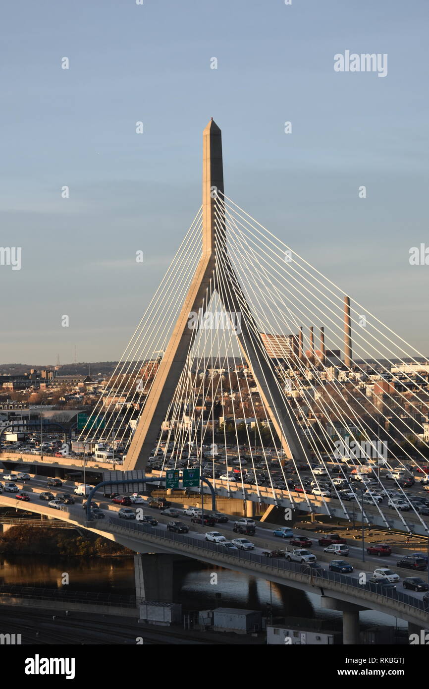 Boston's icon Leonard P. Zakim Bunker Hill Memorial Bridge spanning the ...