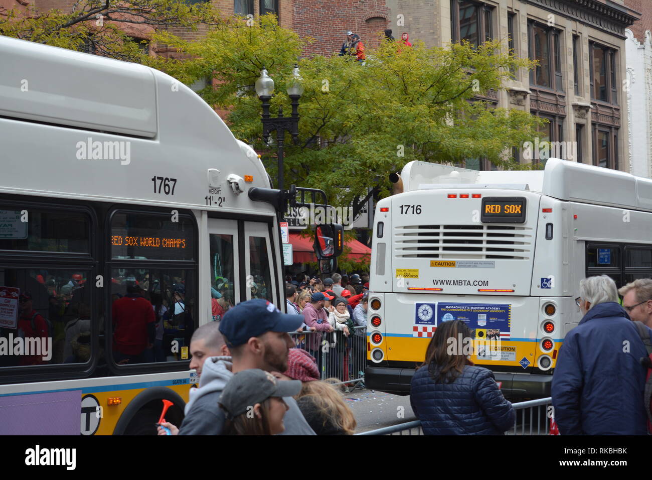 MBTA Buses celebrating the 2018 Red Sox World Series Championships at