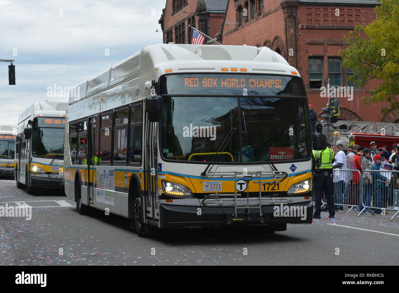 MBTA Buses celebrating the 2018 Red Sox World Series Championships at