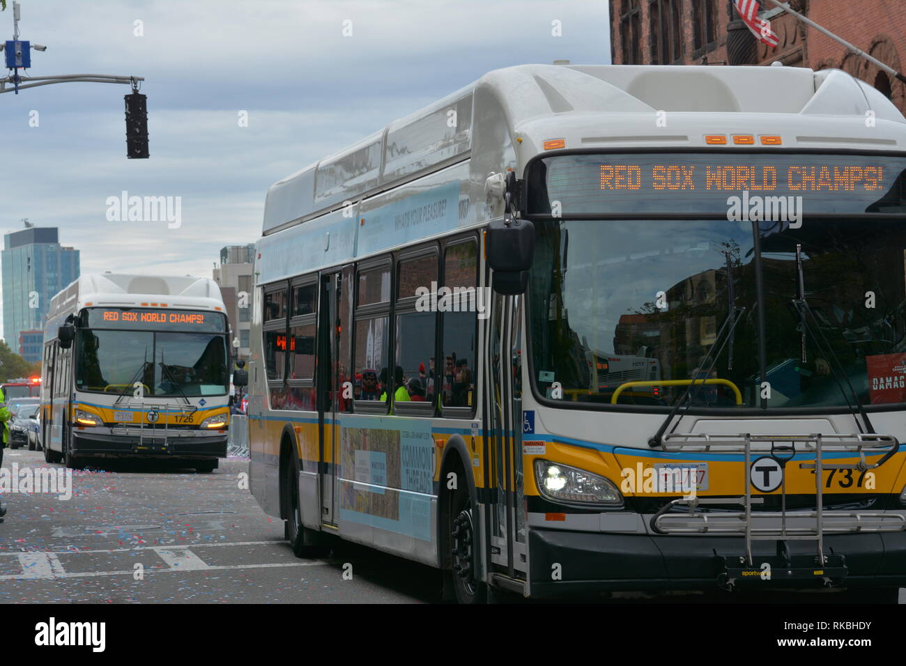 MBTA Buses celebrating the 2018 Red Sox World Series Championships at