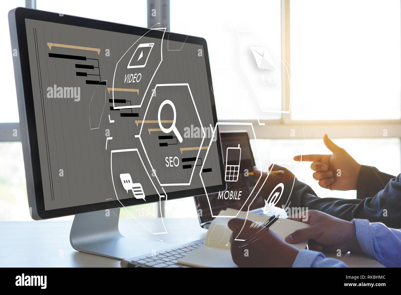 Man using tablet computer virtual interface graphic icons network ...