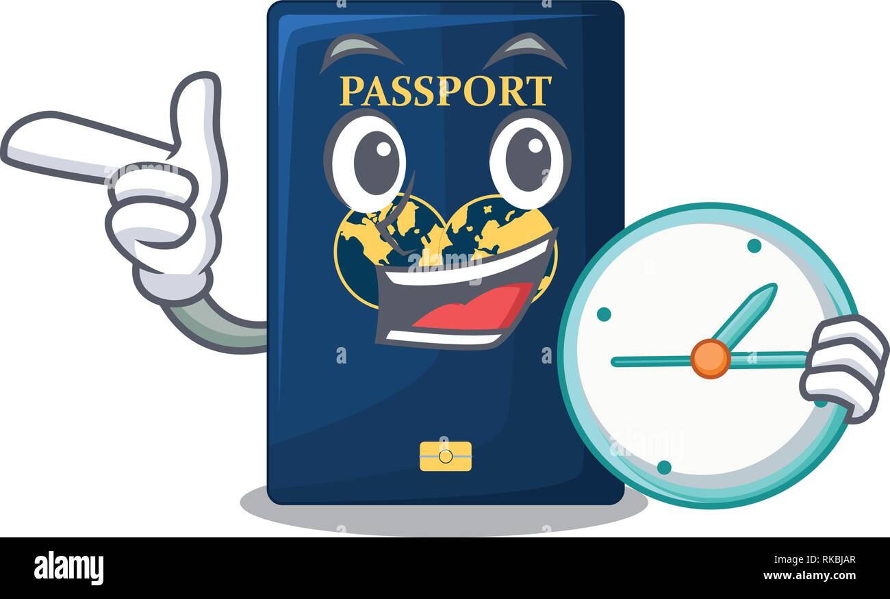 With Clock Blue Passport Above Character Wooden Table Vector Illustration Stock Vector Image 0312