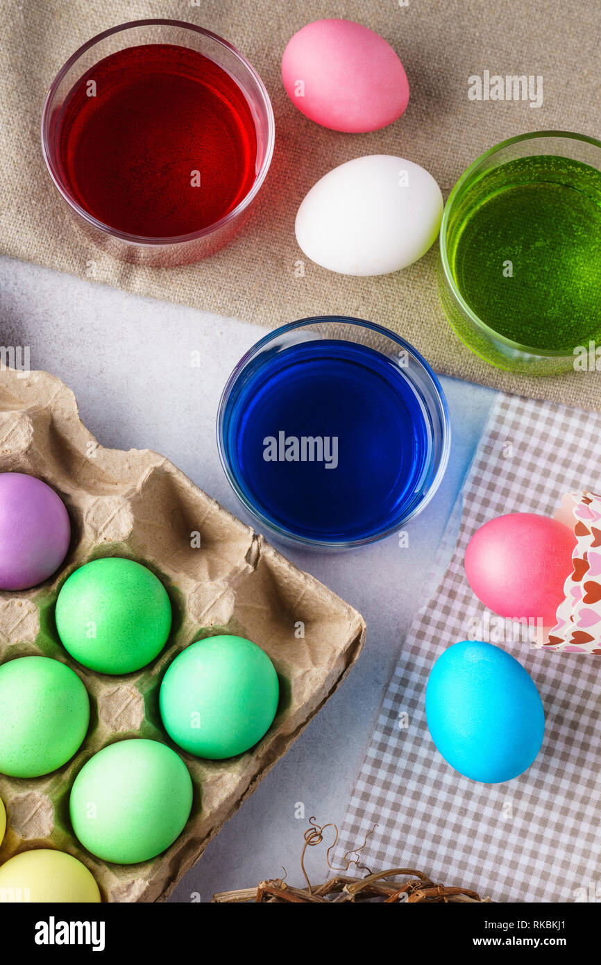 Easter painted eggs background. Eggs and paints. Stock Photo
