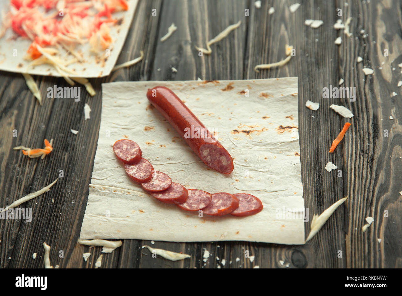 salami sausage, pita bread and cabbage salad.photo with copy space Stock Photo Alamy