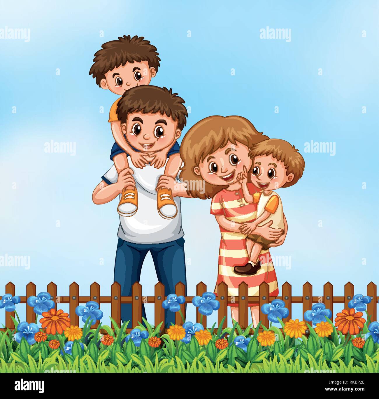 Happy family in the flower graden illustration Stock Vector Image & Art ...