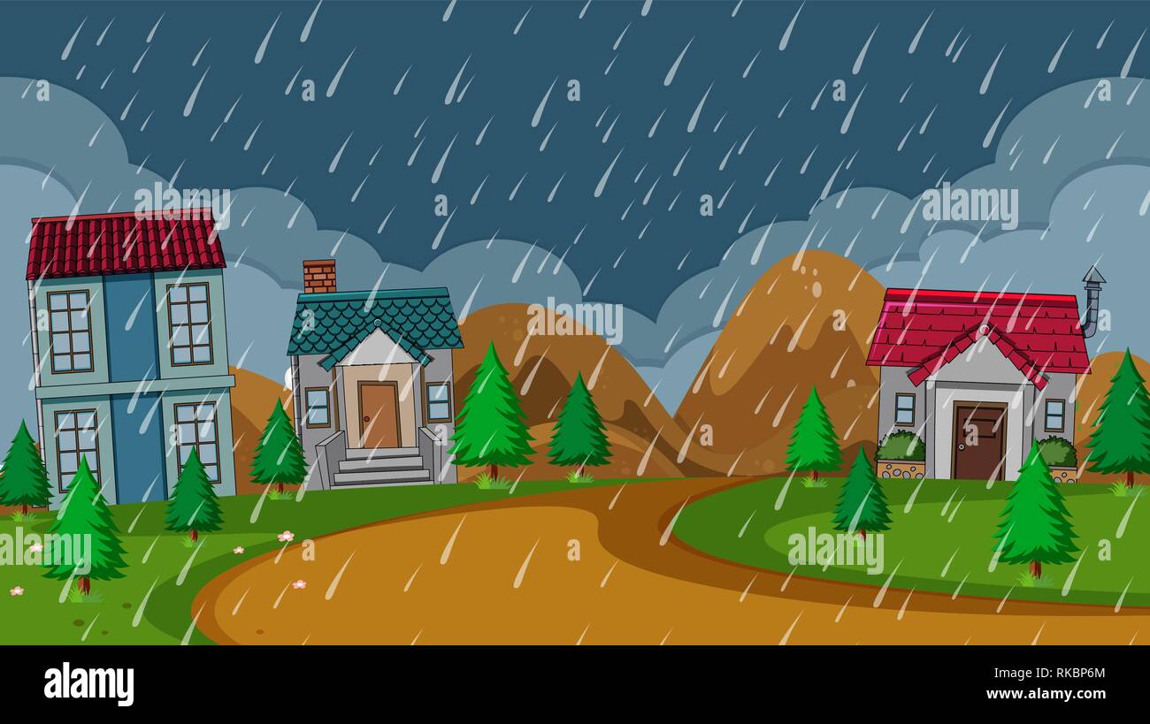 Simple rural house rainy night illustration Stock Vector