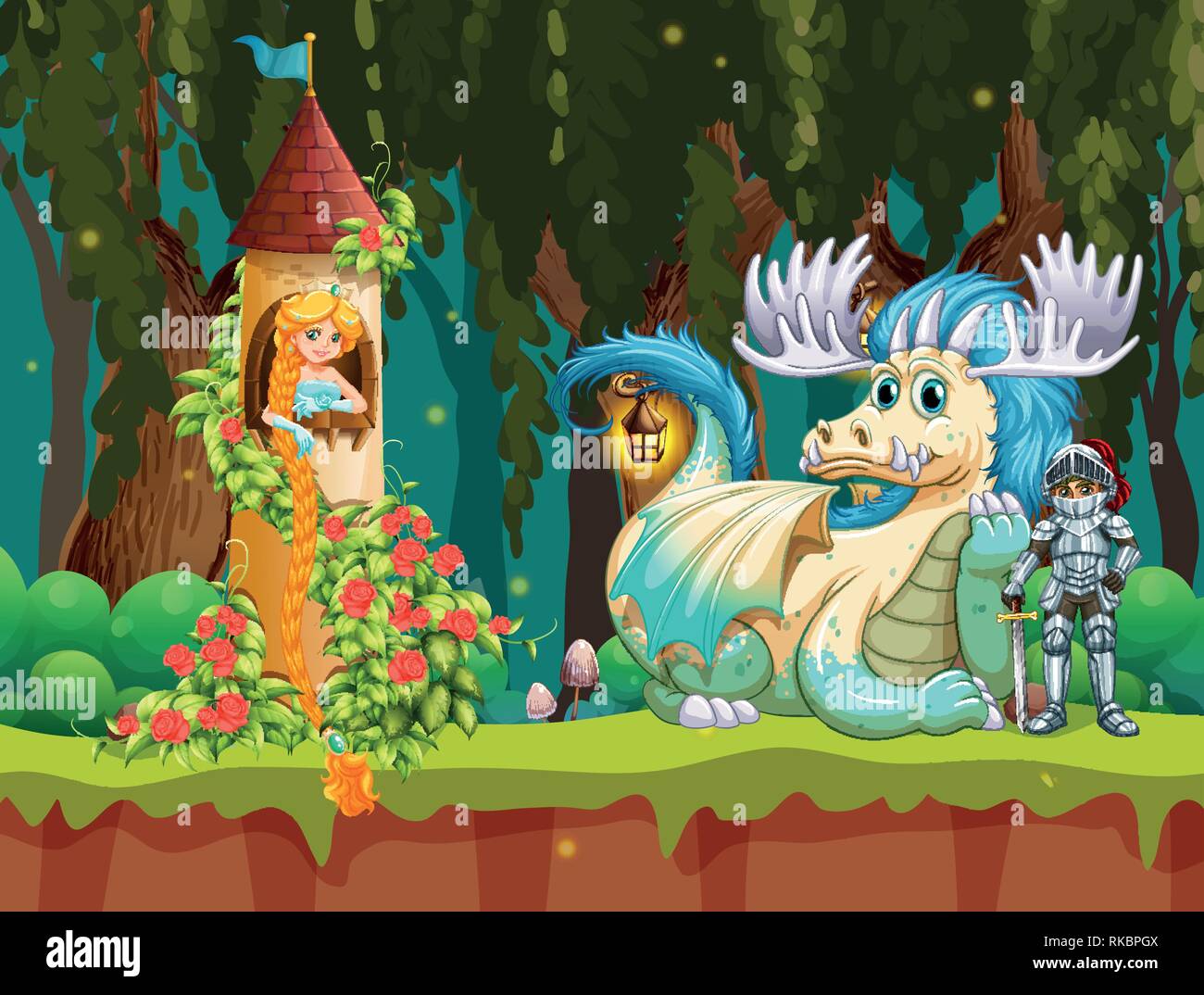 Beautiful princess in forest castle scene illustration Stock Vector