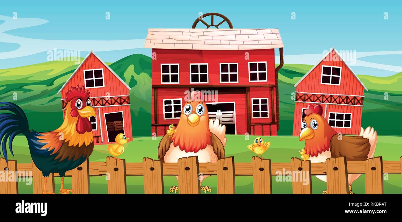 Chicken family at farmland illustration Stock Vector