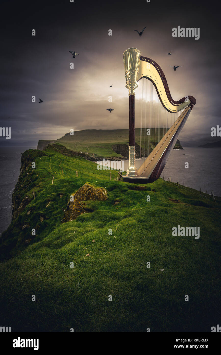 golden harp on green cliff 3d rendering image Stock Photo