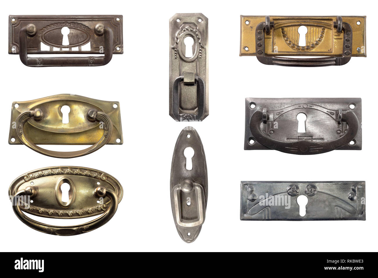 Display of vintage furniture hardware. Antique furniture metal handles