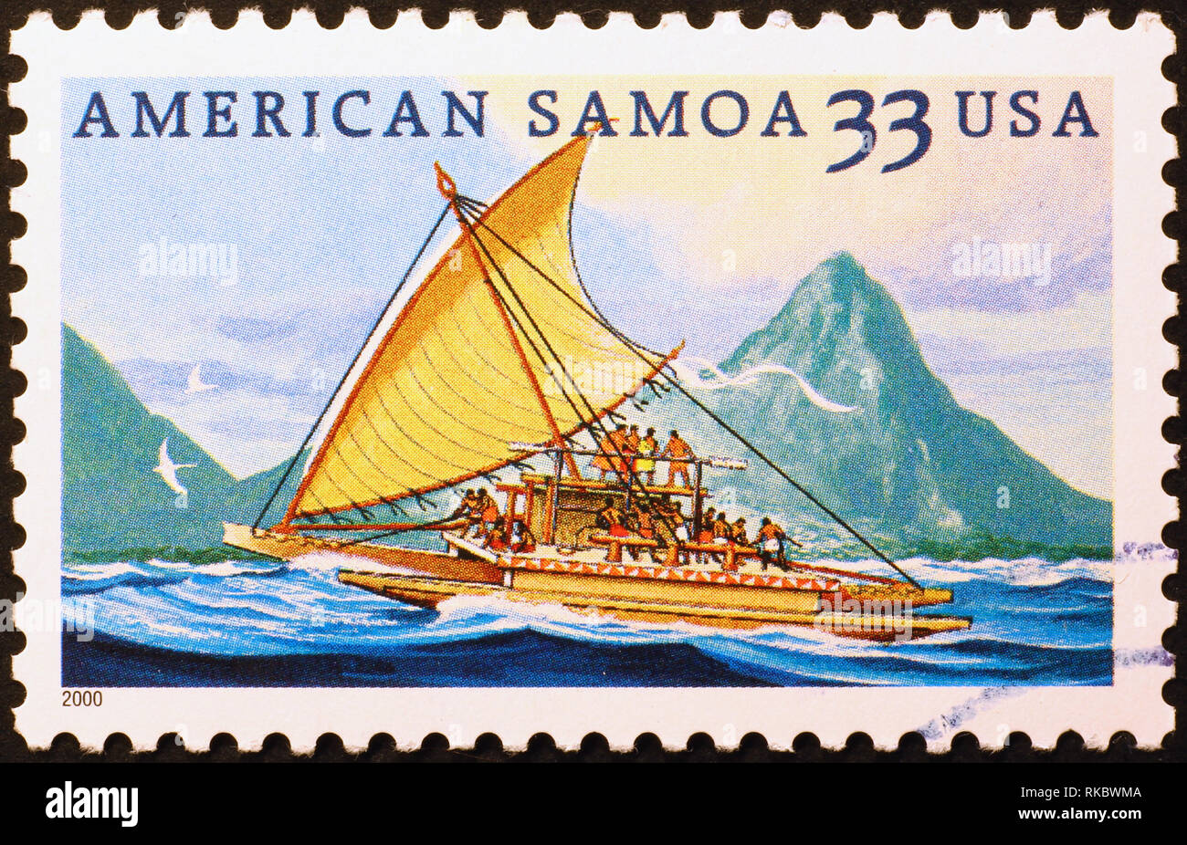 Samoan sailboat on american postage stamp Stock Photo